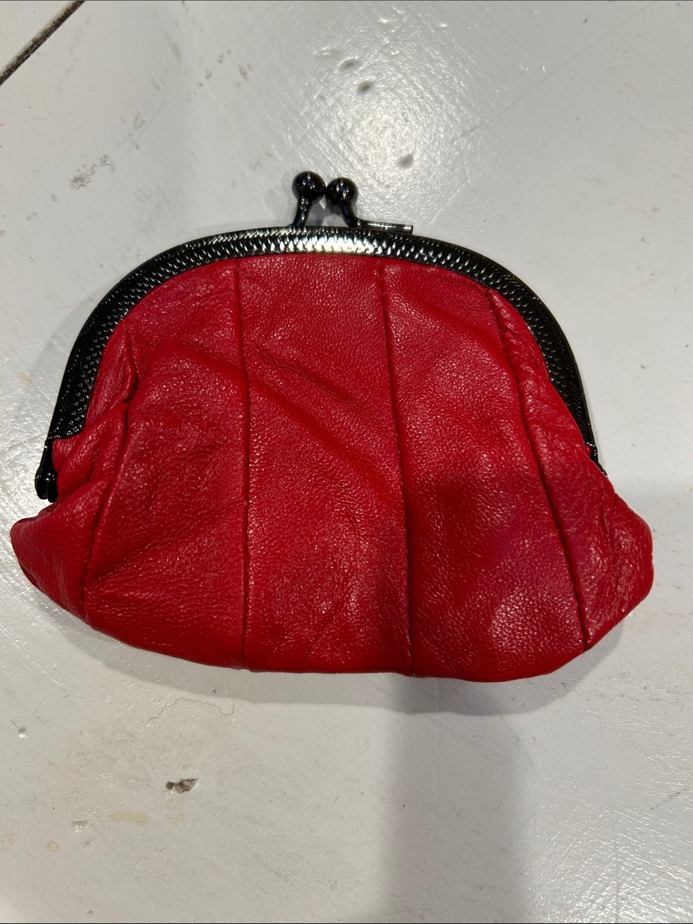 Red Leather Kiss-Lock Coin Purse with Black metallic Frame
